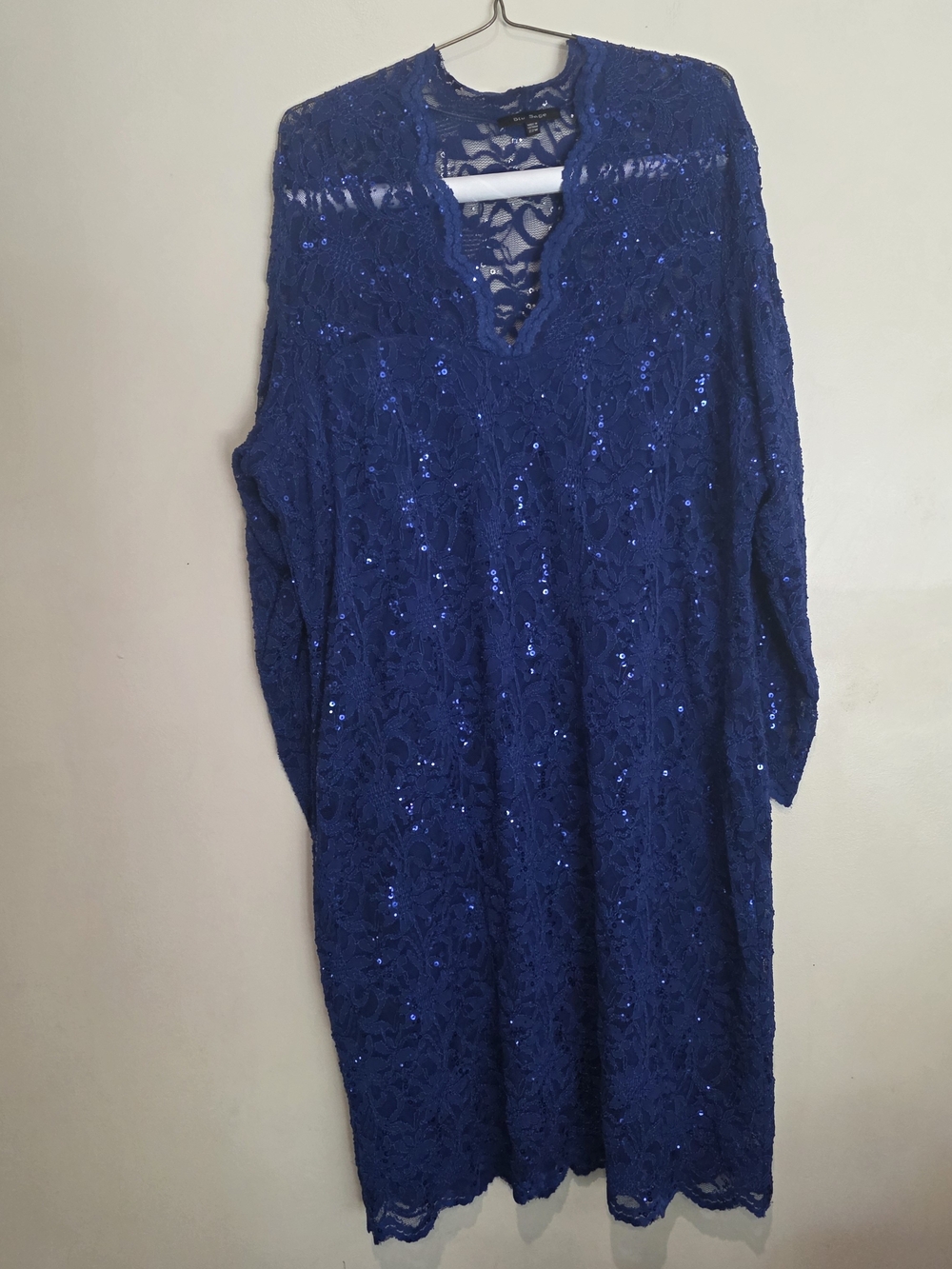 Blu Sage Women's 22W Blue Lace Sequin Lined Stretch V-Neck Shift Dress Wedding